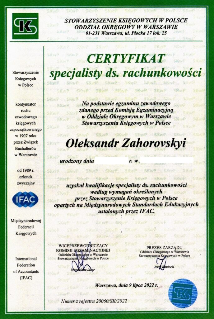 Certyfikat Specjalista ds. rachunkowości